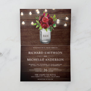 Burgundy Floral Mason Jar Lights QR Code Wedding Invitation