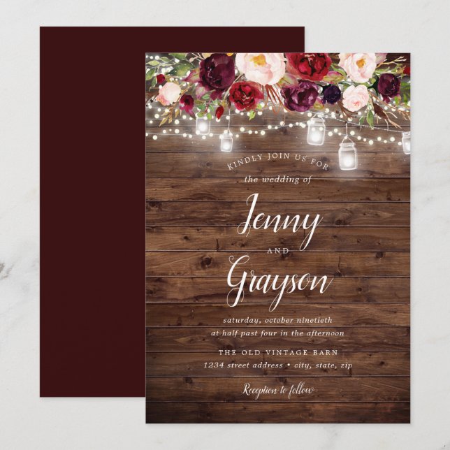 Burgundy Floral Mason Jar Lights Wood Wedding Invitation (Front/Back)