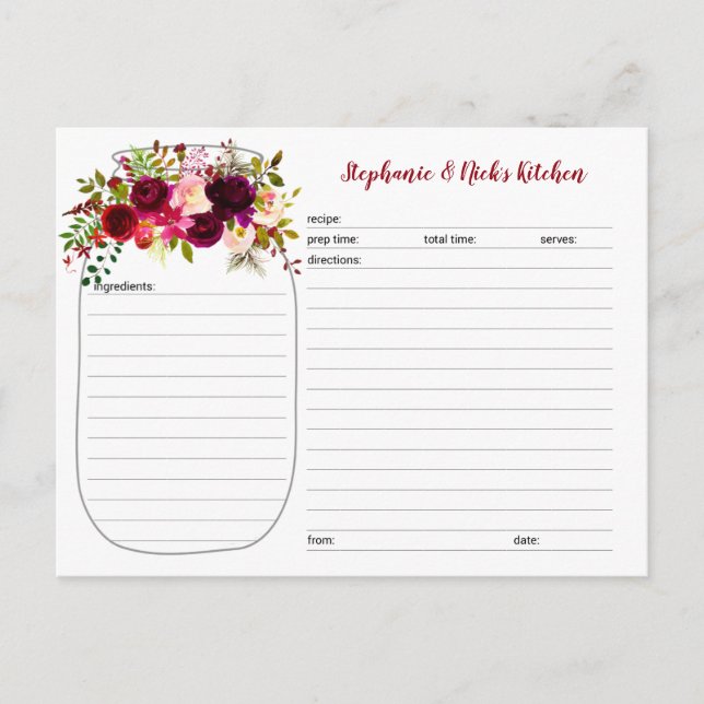 Burgundy Floral Mason Jar Newlywed Recipe Cards (Front)