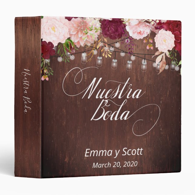 Burgundy Floral Mason Jar Nuestra Boda Spanish 3 Ring Binder (Front/Spine)