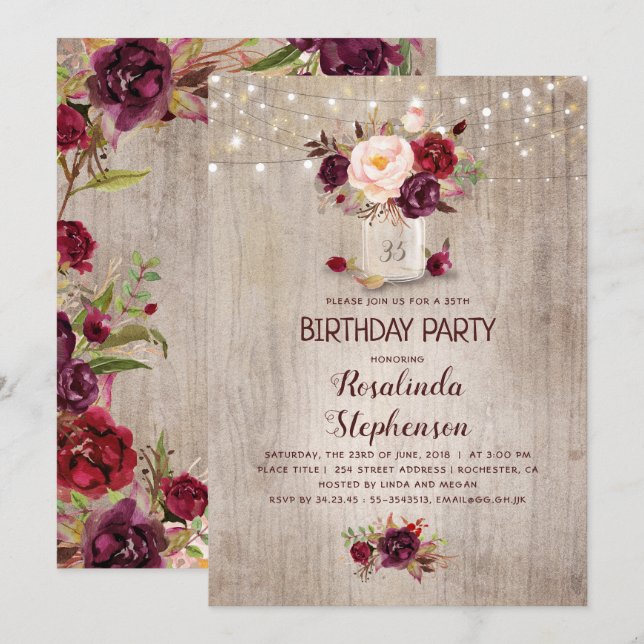 Burgundy Floral Mason Jar Rustic Birthday Party Invitation (Front/Back)