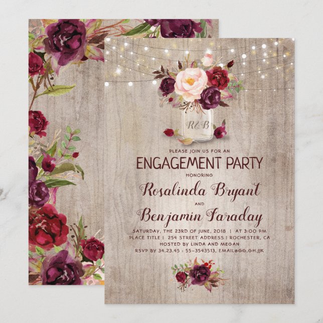 Burgundy Floral Mason Jar Rustic Engagement Party Invitation (Front/Back)