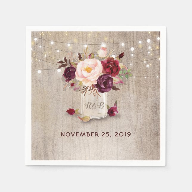 Burgundy Floral Mason Jar Rustic Paper Napkins (Front)