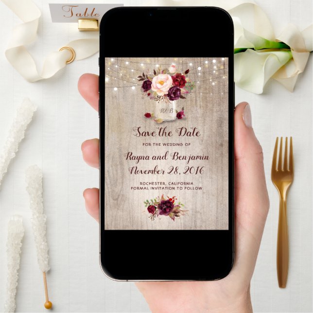 Burgundy Floral Mason Jar Rustic Save the Date (Front Digital)