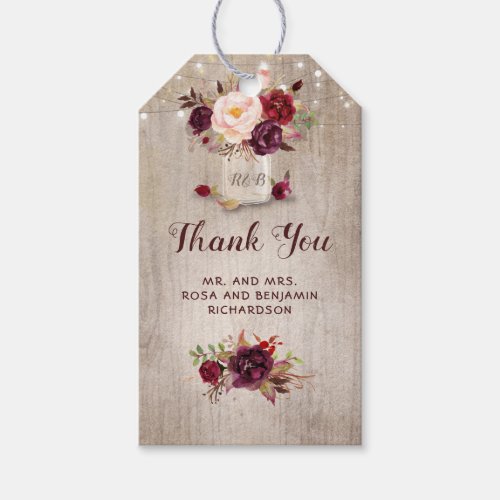 Burgundy Floral Mason Jar Rustic Wedding Gift Tags