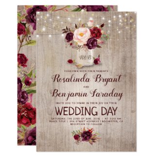 Burgundy Floral Mason Jar Rustic Wedding Invitation