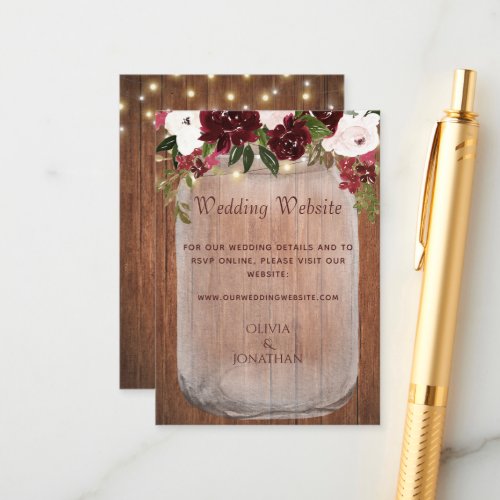 Burgundy Floral Mason Jar Rustic Wedding Website Enclosure Card
