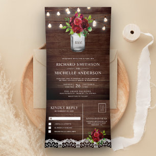 Burgundy Floral Mason Jar String Lights Wedding Tri-Fold Invitation