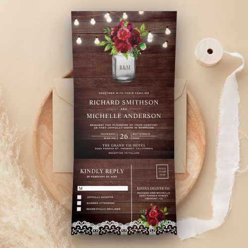 Burgundy Floral Mason Jar String Lights Wedding Tri_Fold Invitation