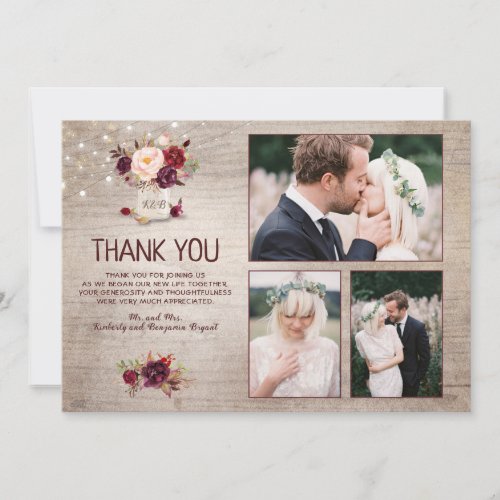 Burgundy Floral Mason Jar Wedding Thank You Photo