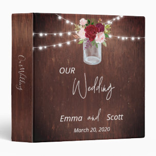 Burgundy Floral Mason Jar Wood Wedding Lights 3 Ring Binder