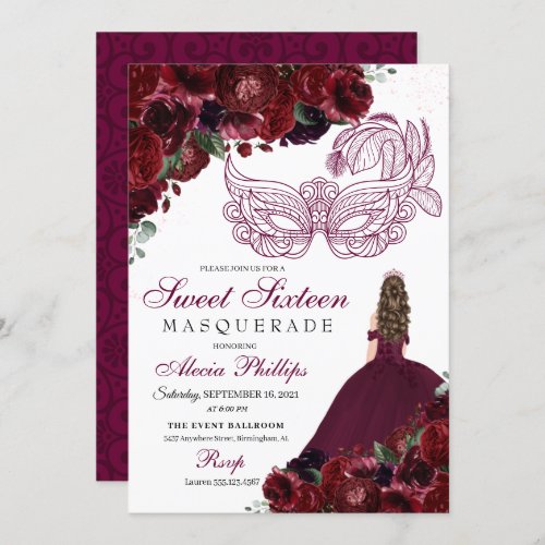 Burgundy Floral Masquerade Sweet 16 Invitation