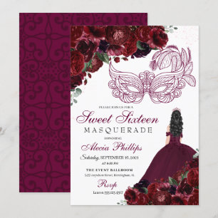 Burgundy Floral Masquerade Sweet 16 Invitation