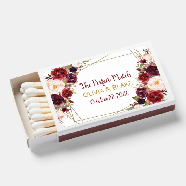 Burgundy Floral Matchbox Wedding Favors Matchboxes (Front Open)