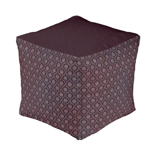Burgundy Floral Medallion Pattern Cube Pouf (Angled Front)