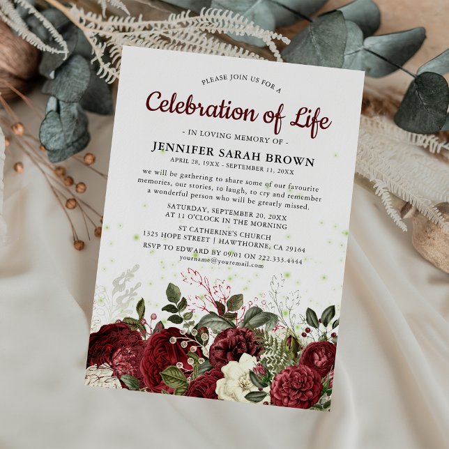 Burgundy Floral Memorial | Celebration of Life  Invitation (Creator Uploaded)