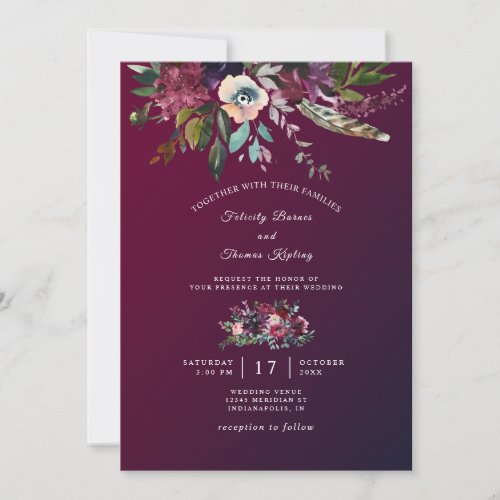 Burgundy Floral Modern Boho Wedding Invitation