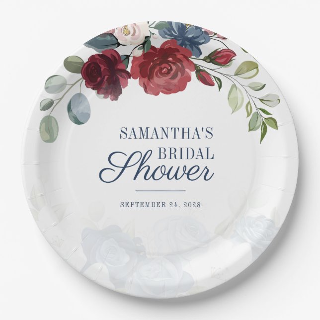 Burgundy Floral Modern Bridal Shower Party Paper Plates (Front)