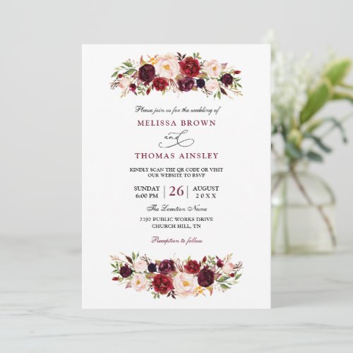 Burgundy Floral Modern Budget QR Code Wedding Invitation