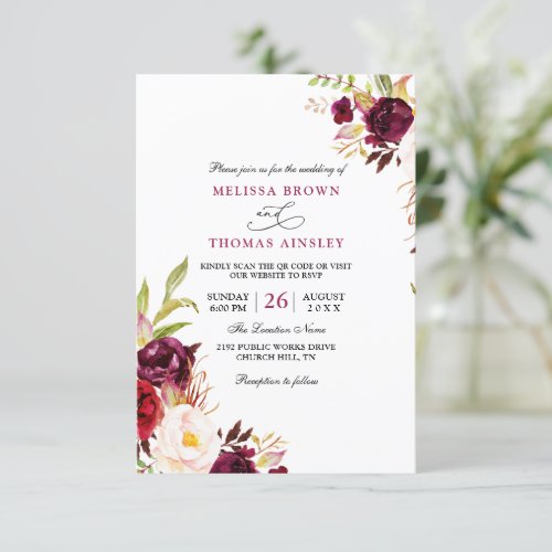 Burgundy Floral Modern Budget QR Code Wedding Invitation