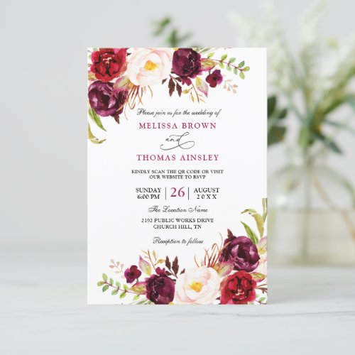 Burgundy Floral Modern Budget QR Code Wedding Invitation