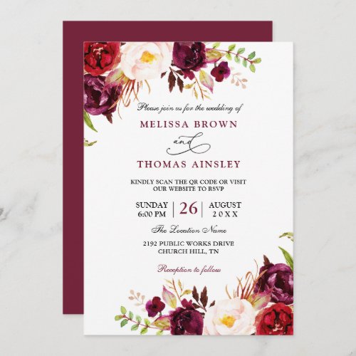Burgundy Floral Modern Budget QR Code Wedding  Invitation