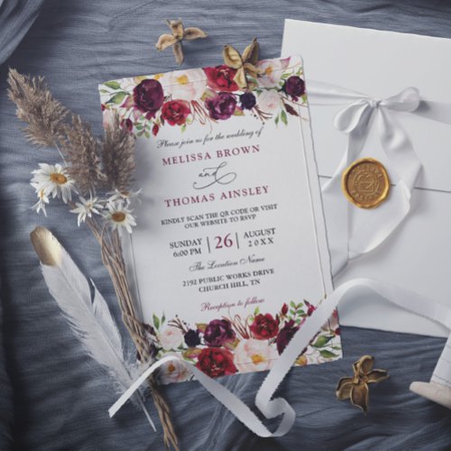 Burgundy Floral Modern Budget QR Code Wedding Invitation