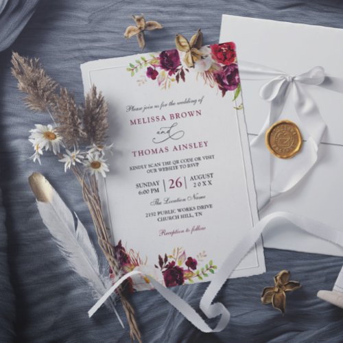 Burgundy Floral Modern Budget QR Code Wedding  Invitation