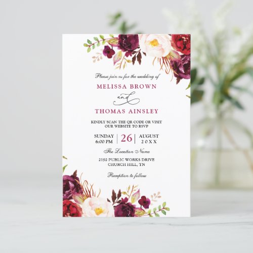 Burgundy Floral Modern Budget QR Code Wedding Invitation