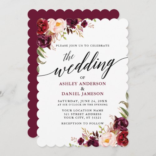 Burgundy Floral Modern Elegant Calligraphy Wedding Invitation