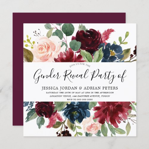 Burgundy Floral Modern Gender Reveal Party Invitation