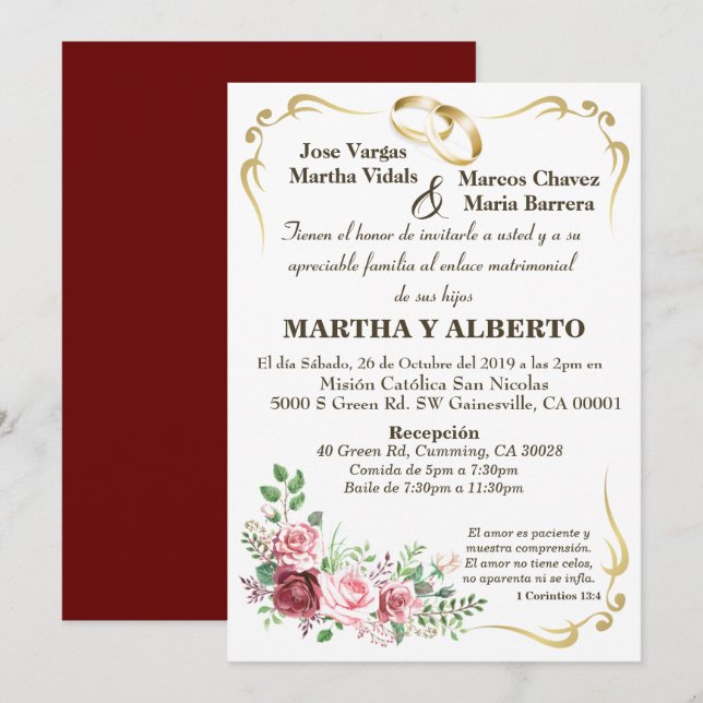 Burgundy Floral Modern Gold Frame invitation (Front/Back)