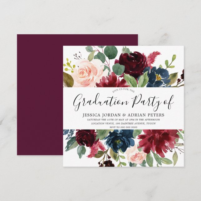 Burgundy Floral Modern Graduation Party Invitation (Front/Back)
