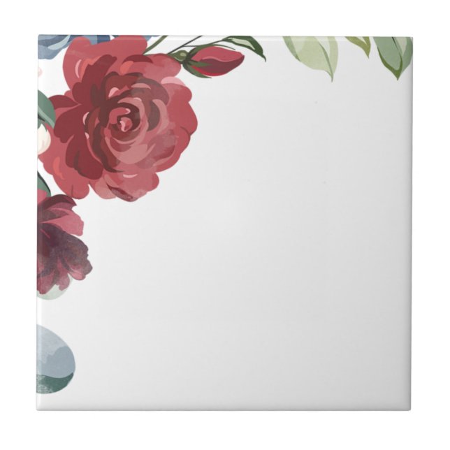 Burgundy Floral Modern Greenery Ceramic Tile (Front)
