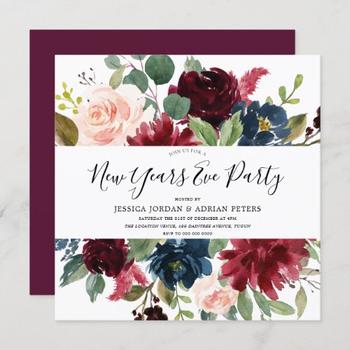 Burgundy Floral Modern New Years Eve Party Invitation