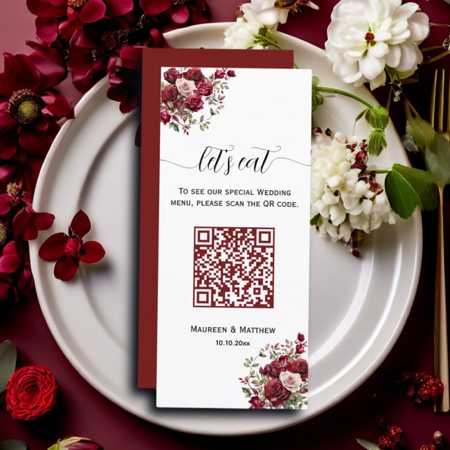 Burgundy Floral Modern QR Code 4x9'' Wedding Menu (Creator Uploaded)