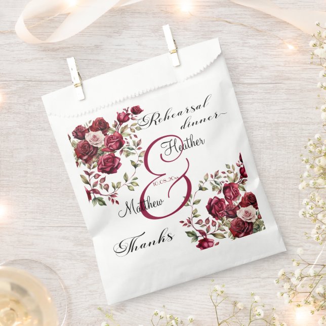 Burgundy Floral Modern 'Rehearsal dinner' Wedding Favor Bag (Clipped)