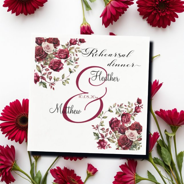 Burgundy Floral Modern 'Rehearsal dinner' Wedding Napkins (Creator Uploaded)