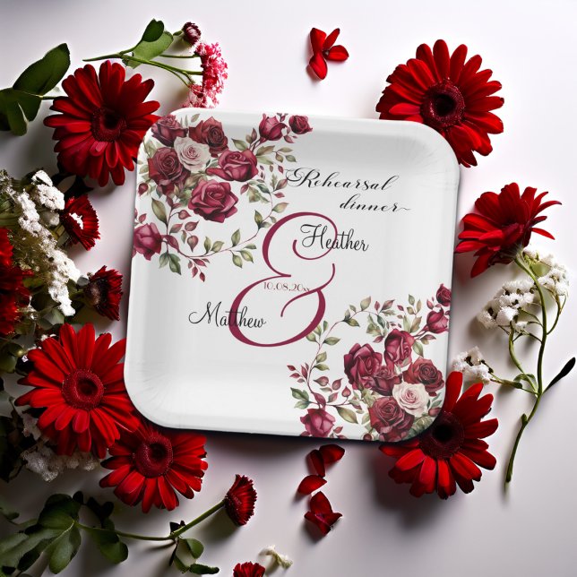 Burgundy Floral Modern 'Rehearsal dinner' Wedding Paper Plates (Creator Uploaded)