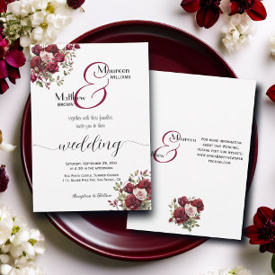 Burgundy Floral Modern Script and Details Wedding Invitation
