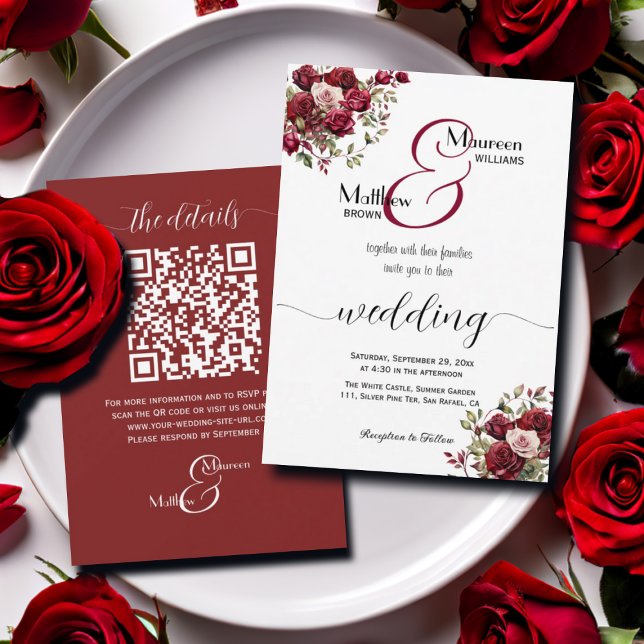 Burgundy Floral Modern Script QR Code Wedding Invitation (Creator Uploaded)