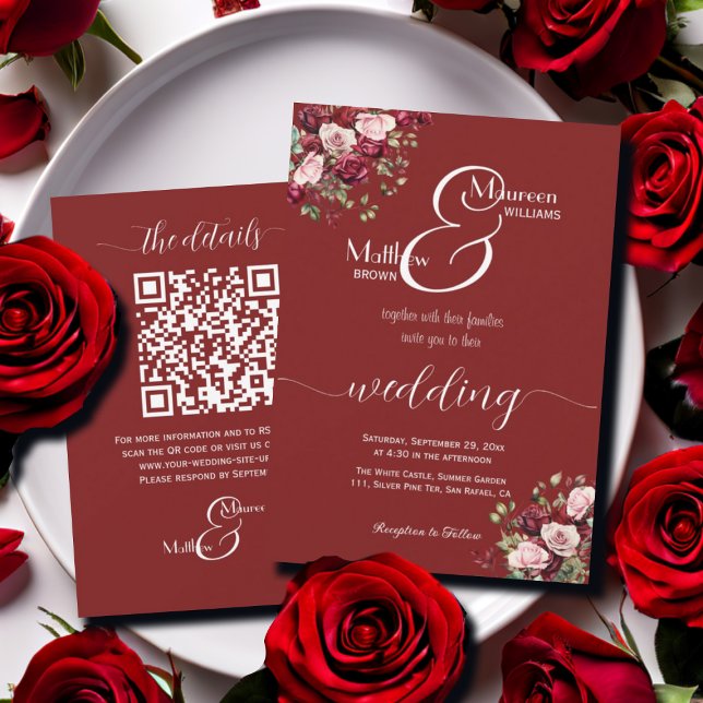 Burgundy Floral Modern Script QR Code Wedding Invitation (Creator Uploaded)