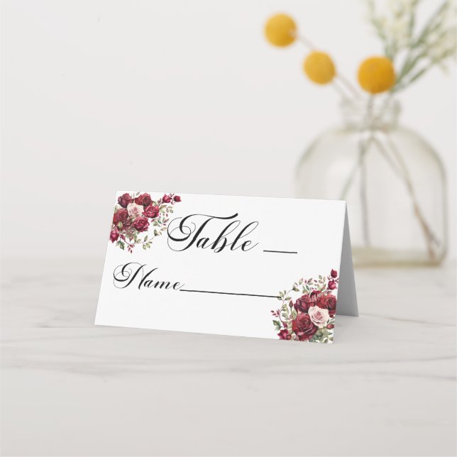 Burgundy Floral Modern Script Table Number Place Card (Front)