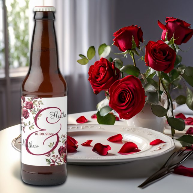 Burgundy Floral Modern Script Wedding Beer Bottle Label (Creator Uploaded)