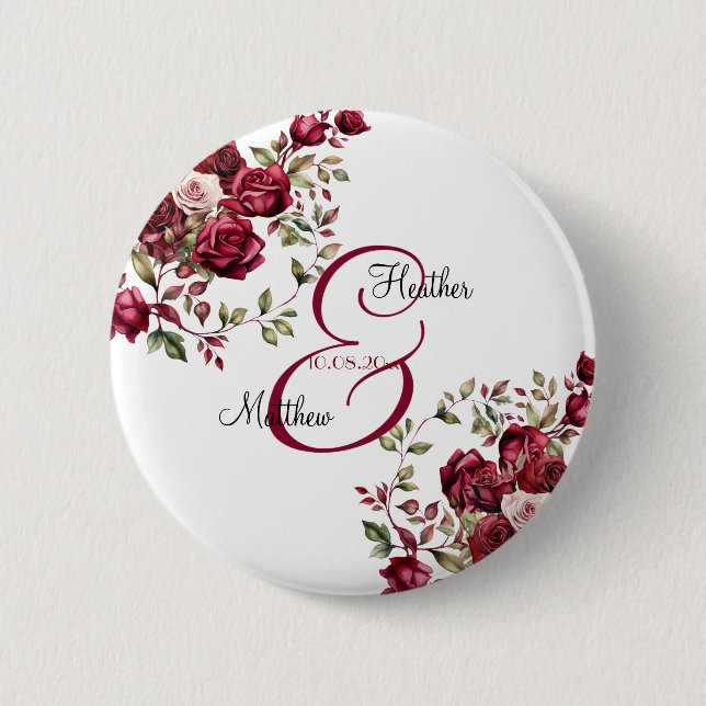 Burgundy Floral Modern Script Wedding Button (Front)