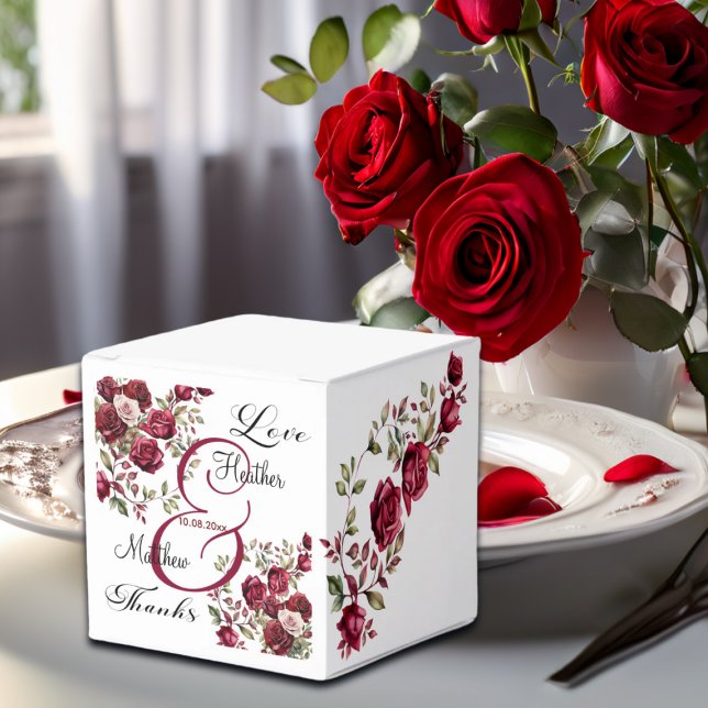 Burgundy Floral Modern Script Wedding Favor Boxes (Creator Uploaded)