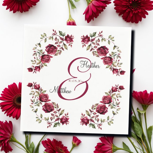Burgundy Floral Modern Script Wedding Napkins (Creator Uploaded)
