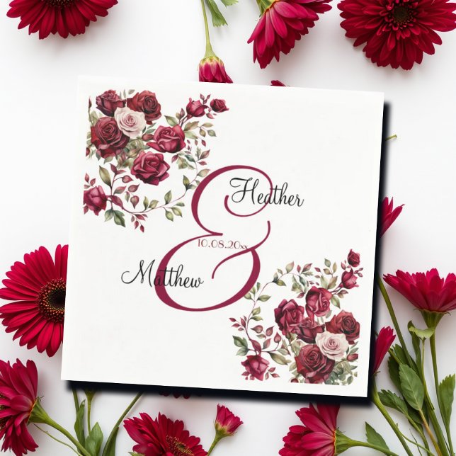 Burgundy Floral Modern Script Wedding Napkins (Creator Uploaded)