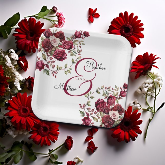 Burgundy Floral Modern Script Wedding Paper Plates (Creator Uploaded)