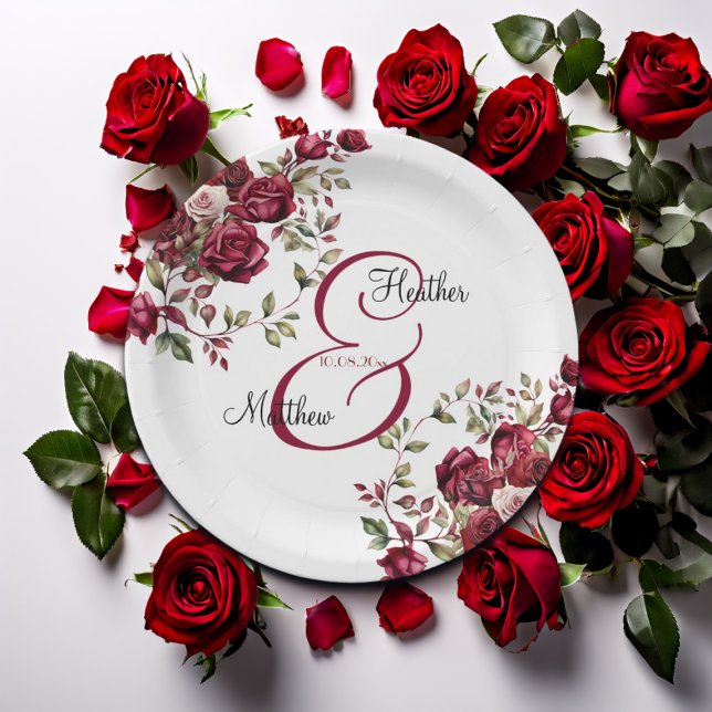 Burgundy Floral Modern Script Wedding Paper Plates (Creator Uploaded)